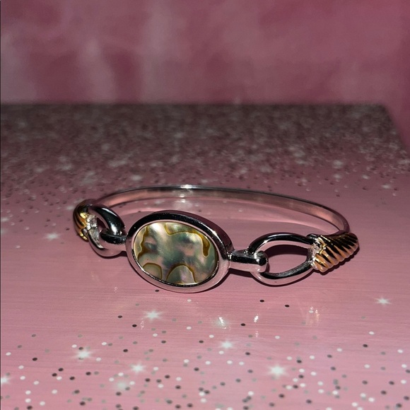 Avon Vintage Silver, Gold Tone Abalone Hinged Bangle Bracelet - Picture 4 of 9